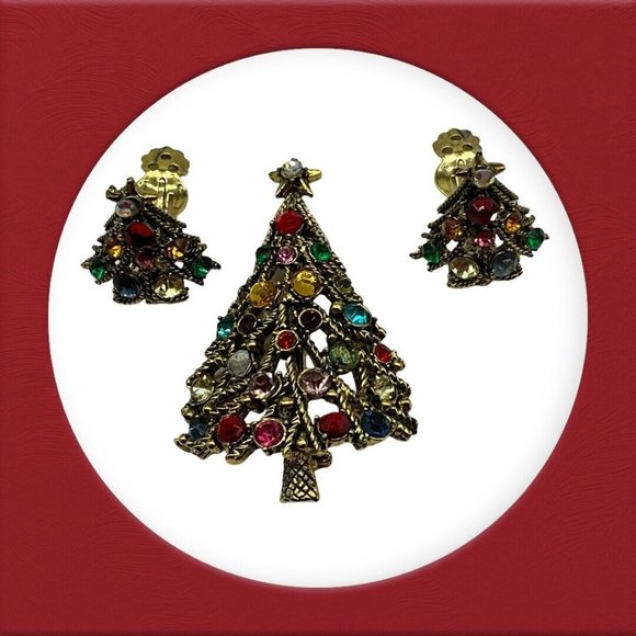 Hollycraft Vintage Christmas Tree Pin w/Matching Clip Earrings MCM Collectible - Picture 4 of 16